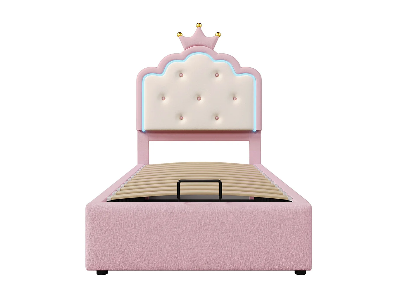 Gestoffeerd bed 90 x 200 cm, met sfeerverlichting met afstandsbediening, prinsessenkroon, PU-materiaal, roze