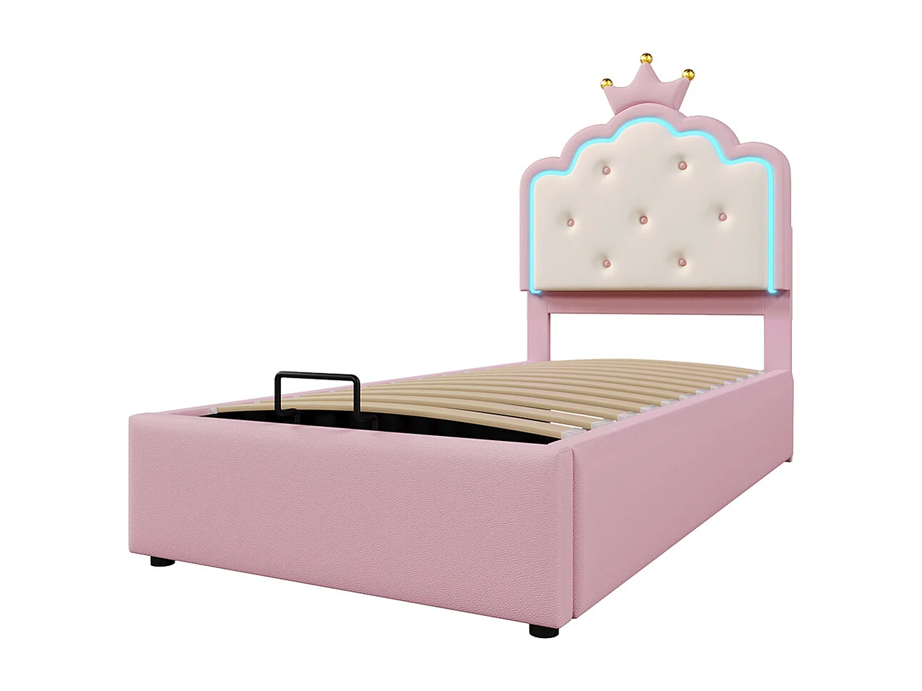 Gestoffeerd bed 90 x 200 cm, met sfeerverlichting met afstandsbediening, prinsessenkroon, PU-materiaal, roze