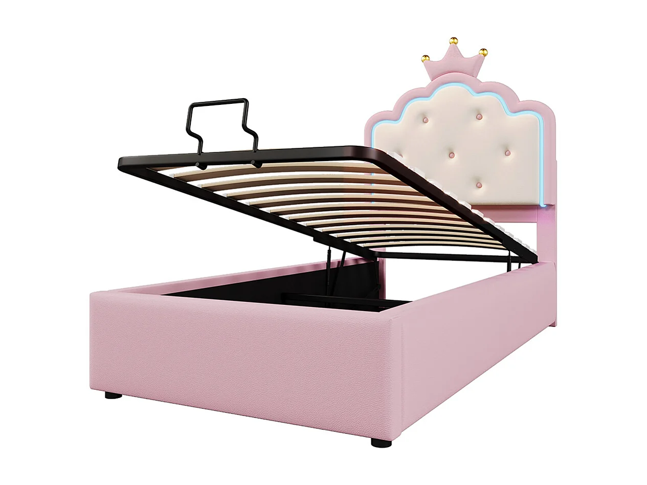 Gestoffeerd bed 90 x 200 cm, met sfeerverlichting met afstandsbediening, prinsessenkroon, PU-materiaal, roze