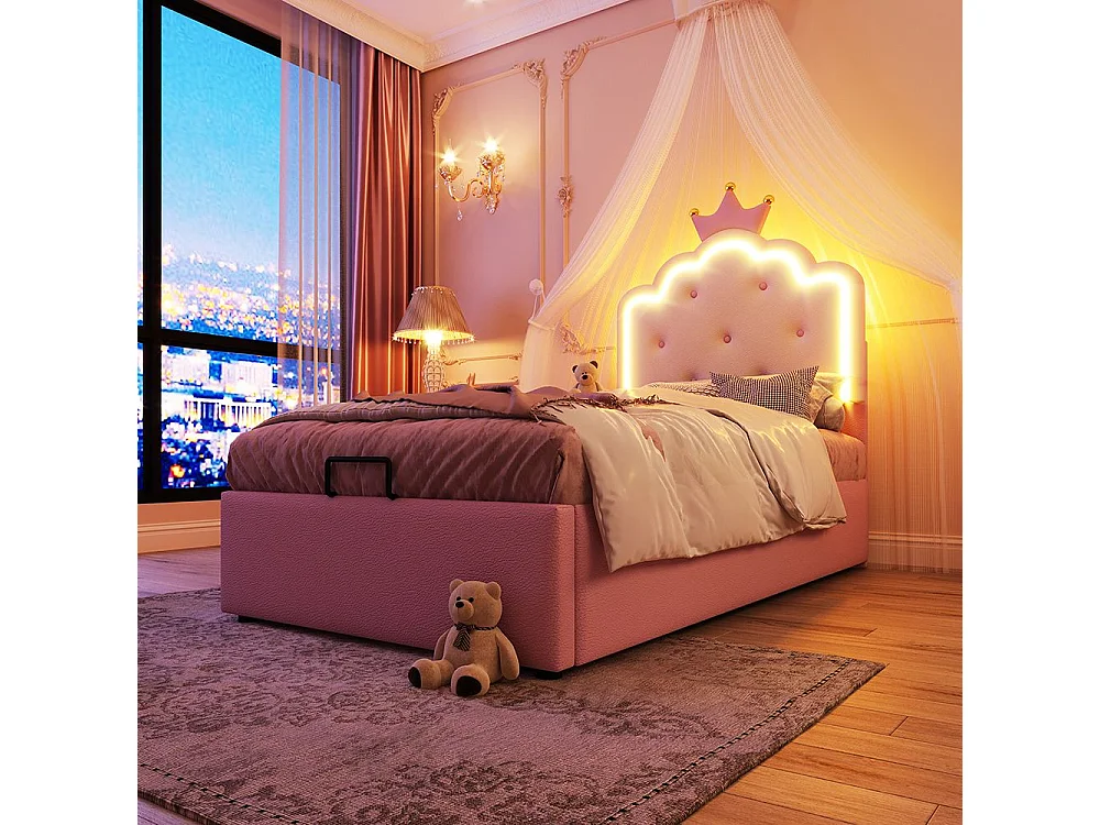 Polsterbett 90 x 200 cm, mit ferngesteuertem Stimmungslicht, Krone in Prinzessinnenform, Material PU, pink