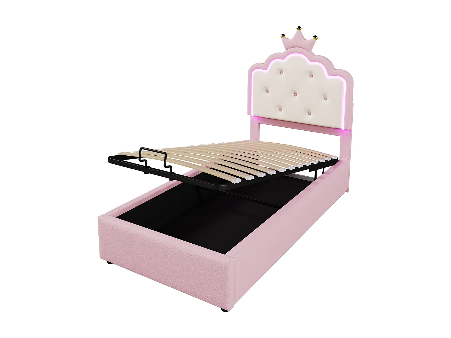 Lit d'enfant 90 x 200 cm, avec lumière d'ambiance, forme princesse, rangement hydraulique, rose