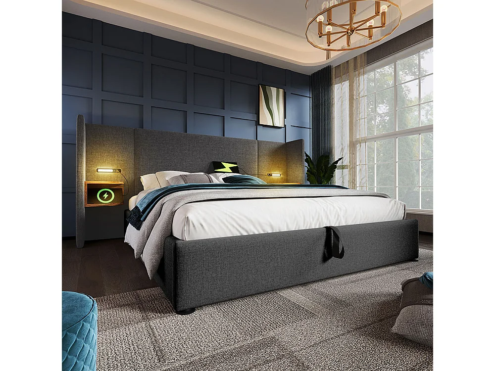 Gestoffeerd tweepersoonsbed (180 x 200) met hoofdeinde, leeslampje en USB Type-C-oplader, massief houten en metalen frame, grijs, linnen (matras niet inbegrepen).