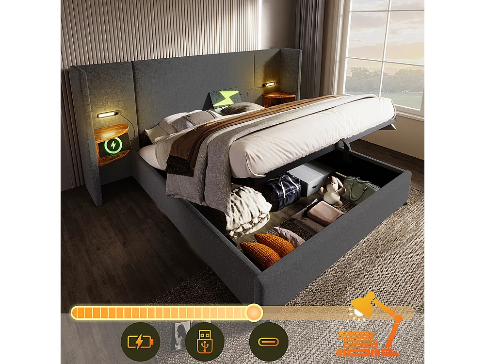 Gestoffeerd tweepersoonsbed (180 x 200) met hoofdeinde, leeslampje en USB Type-C-oplader, massief houten en metalen frame, grijs, linnen (matras niet inbegrepen).