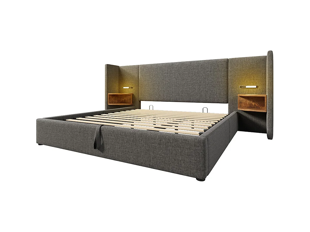 Gestoffeerd tweepersoonsbed (180 x 200) met hoofdeinde, leeslampje en USB Type-C-oplader, massief houten en metalen frame, grijs, linnen (matras niet inbegrepen).