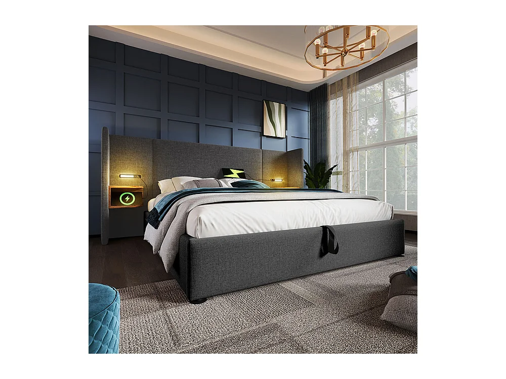 Lit double capitonné (180 x 200) avec tête de lit, liseuse et chargeur USB Type-C, cadre en bois massif et métal, gris, lin (matelas non inclus).
