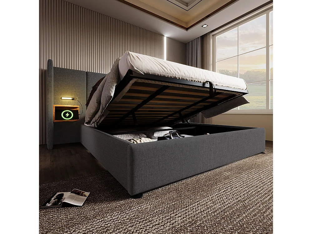 Lit double capitonné (180 x 200) avec tête de lit, liseuse et chargeur USB Type-C, cadre en bois massif et métal, gris, lin (matelas non inclus).