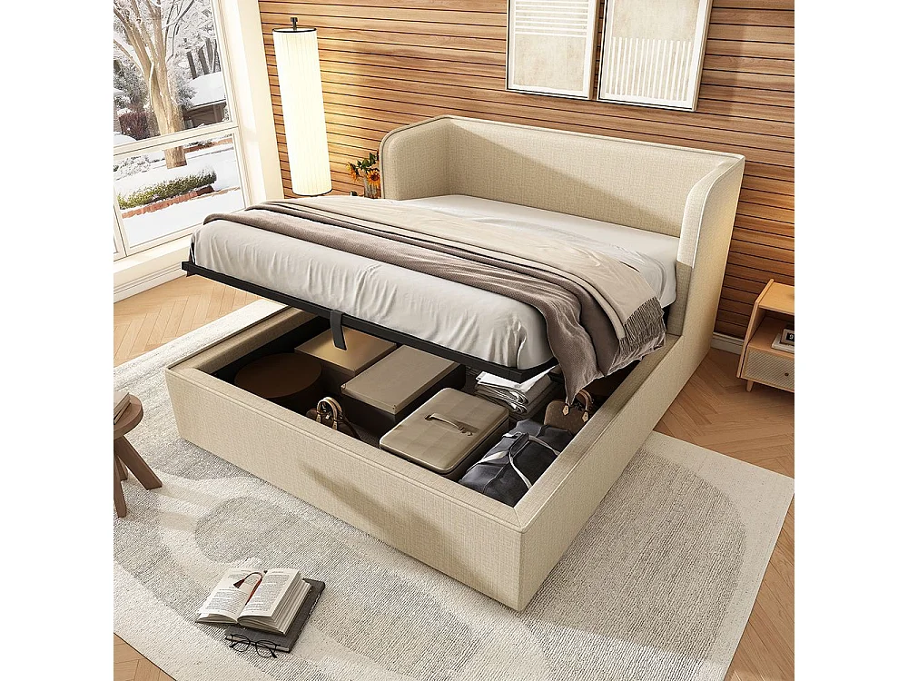 Lit double capitonné 180 x 200 avec larges oreillers latéraux et housse de cadre de lit amovible, lin, beige