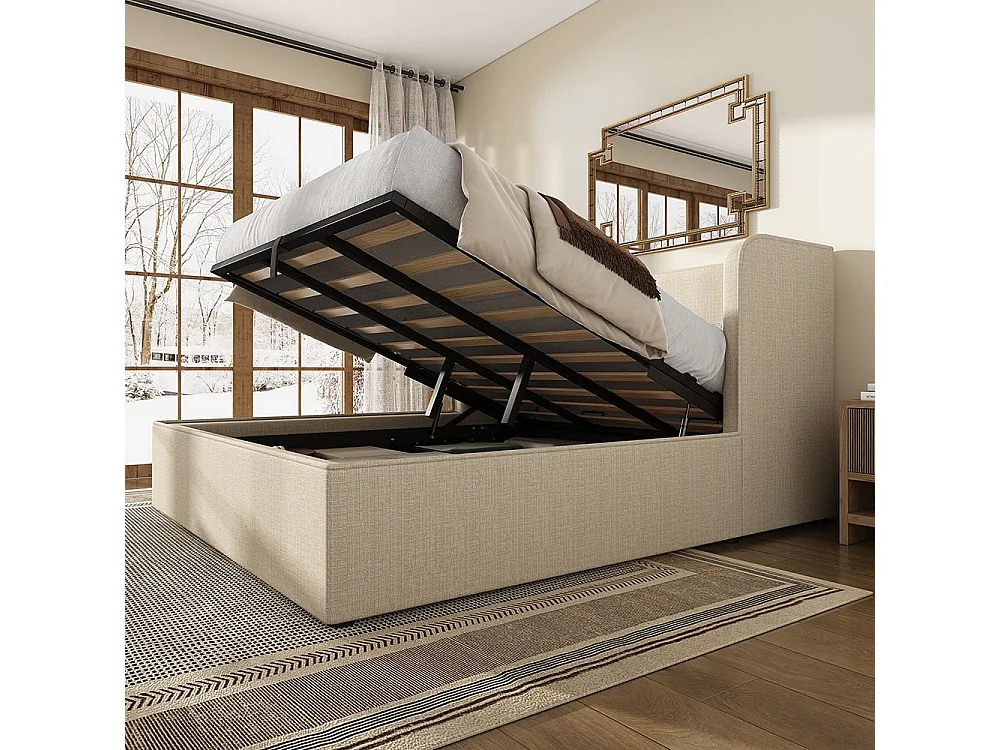 Lit double capitonné 180 x 200 avec larges oreillers latéraux et housse de cadre de lit amovible, lin, beige