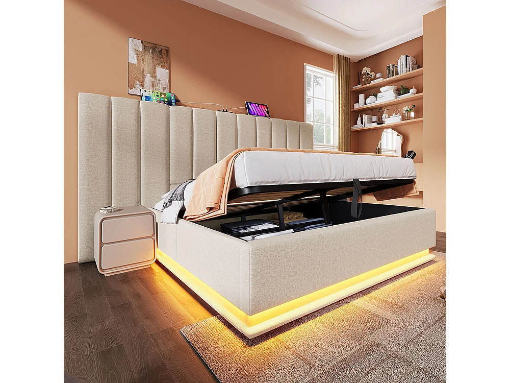 Lit double capitonné 180 x 200 avec LED et chargement USB-C, cadre de lit avec lattes, lin, beige, sans tête de lit.