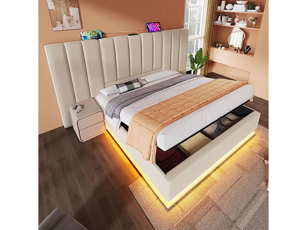 Tweepersoonsbed gestoffeerd 180 x 200 met LED en USB-C opladen, bedframe met lattenbodem, linnen, beige, zonder hoofdbord.