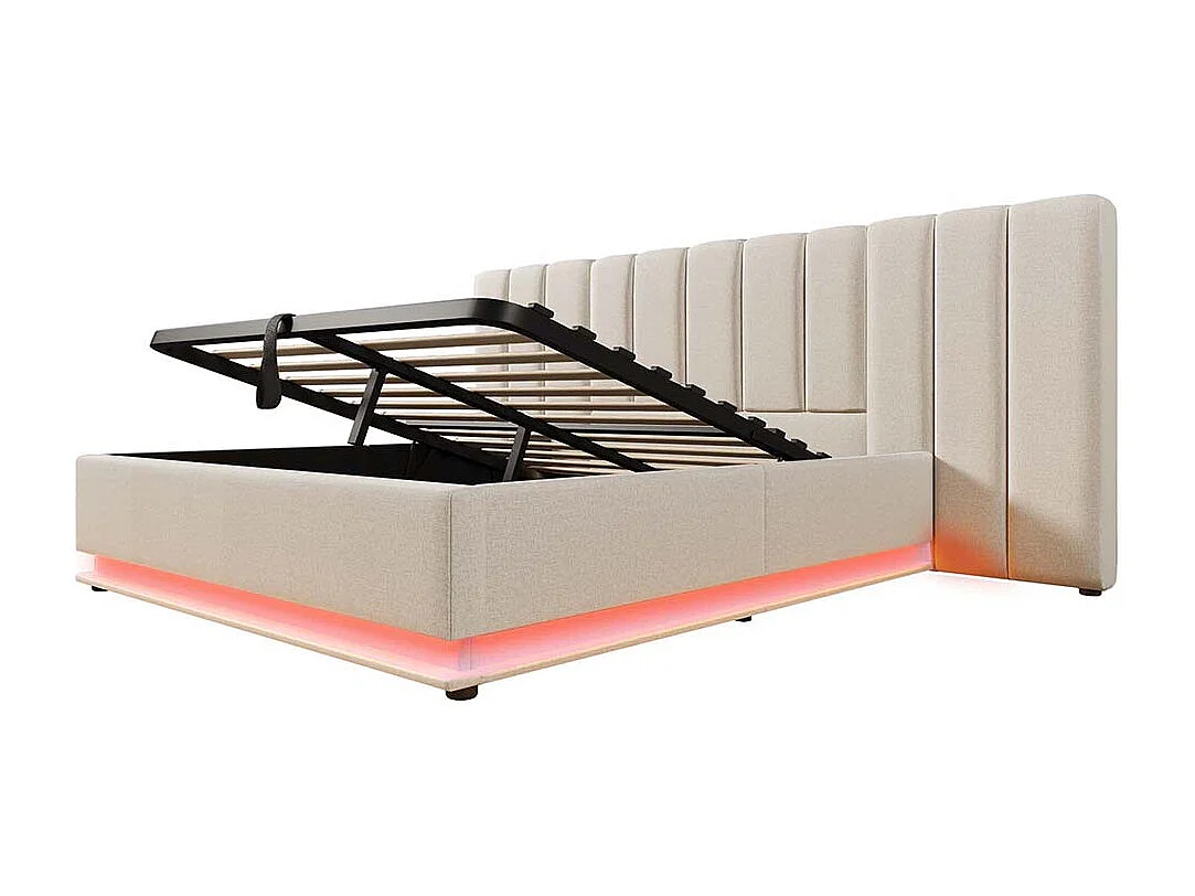 Tweepersoonsbed gestoffeerd 180 x 200 met LED en USB-C opladen, bedframe met lattenbodem, linnen, beige, zonder hoofdbord.