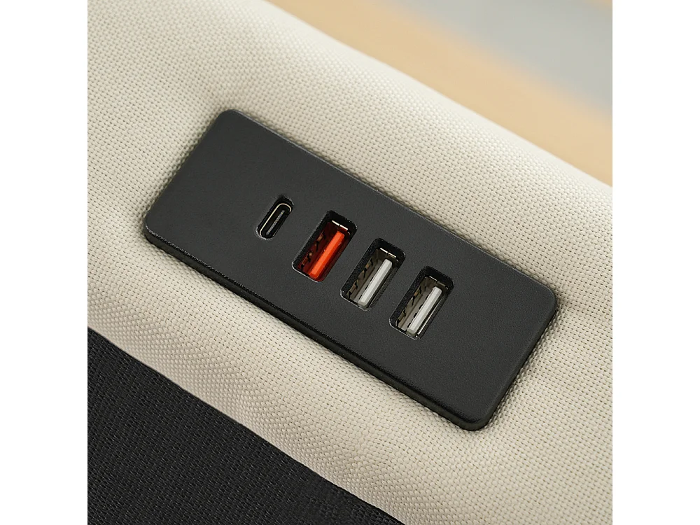 Tweepersoonsbed gestoffeerd 180 x 200 met LED en USB-C opladen, bedframe met lattenbodem, linnen, beige, zonder hoofdbord.