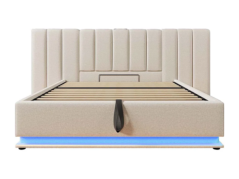 Lit double capitonné 180 x 200 avec LED et chargement USB-C, cadre de lit avec lattes, lin, beige