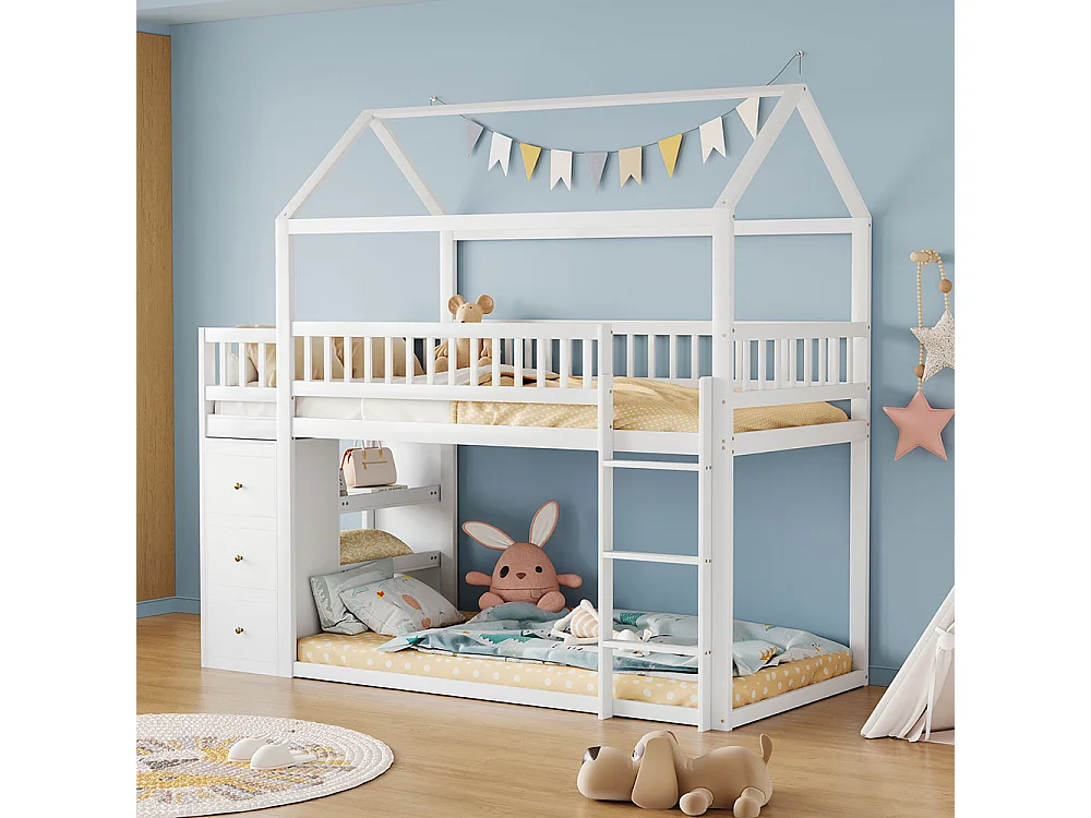 Kinderstapelbed 90*200 cm, met vakken en planken, laag bed met ladder, wit