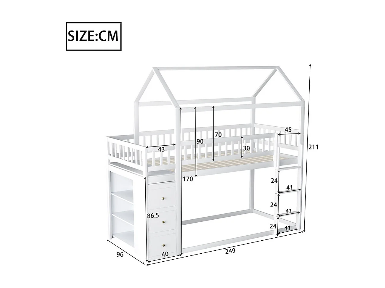 Kinderstapelbed 90*200 cm, met vakken en planken, laag bed met ladder, wit