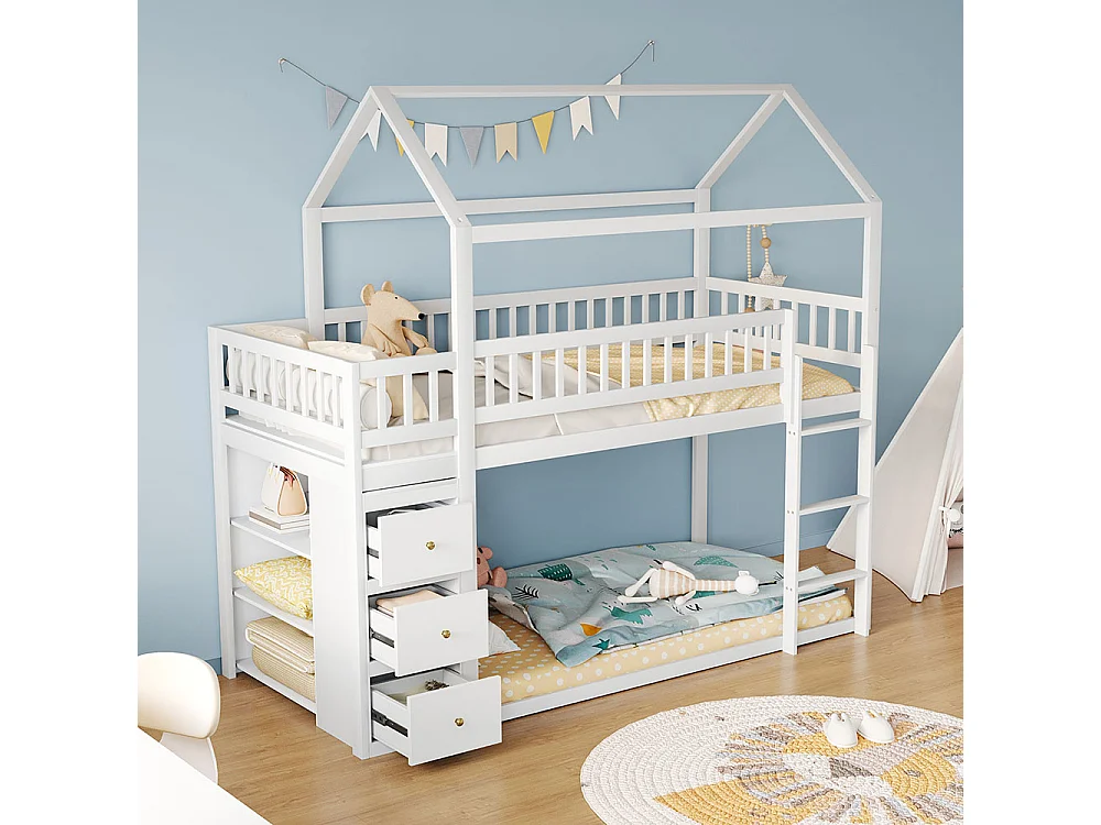 Kinderstapelbed 90*200 cm, met vakken en planken, laag bed met ladder, wit