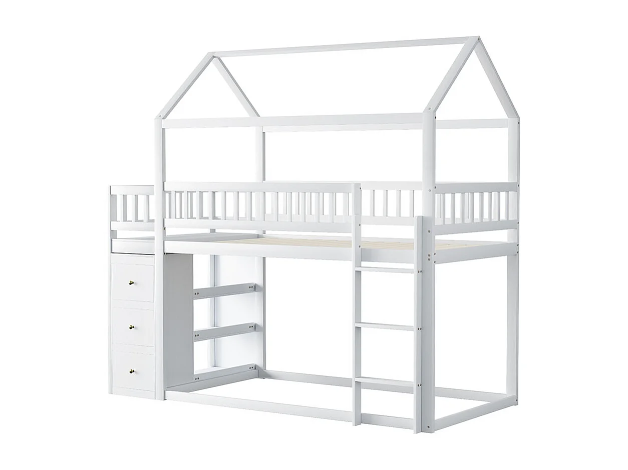 Kinderstapelbed 90*200 cm, met vakken en planken, laag bed met ladder, wit