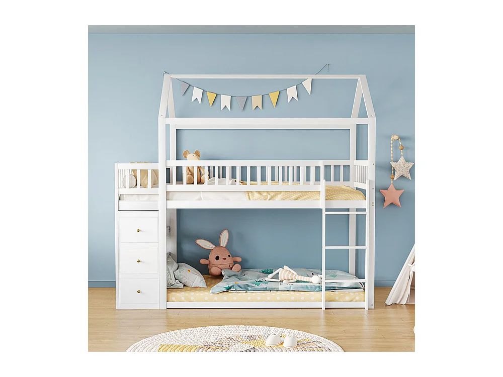Lit enfant superposé 90 * 200 cm, avec casiers et étagères, lit bas avec échelle, blanc