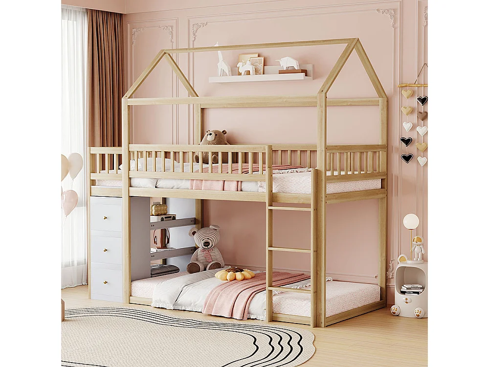 Litera infantil 90*200 cm, con taquillas y estantes, cama baja con escalera, color madera crudo