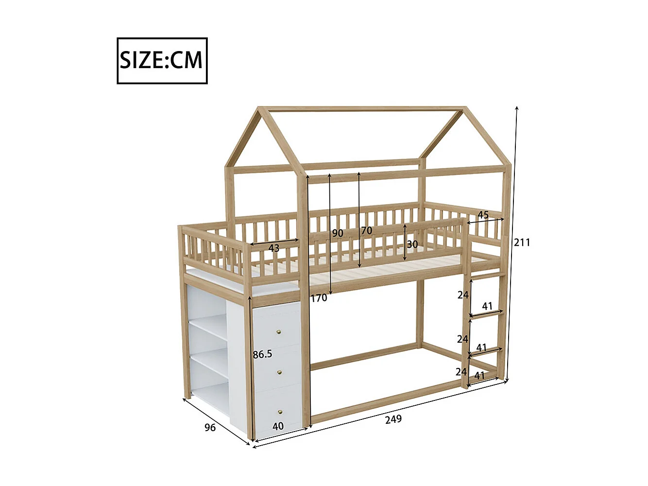 Litera infantil 90*200 cm, con taquillas y estantes, cama baja con escalera, color madera crudo