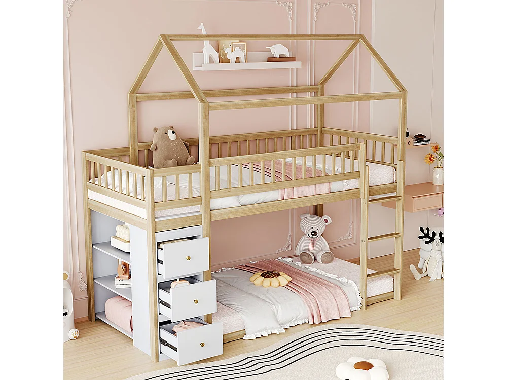 Litera infantil 90*200 cm, con taquillas y estantes, cama baja con escalera, color madera crudo