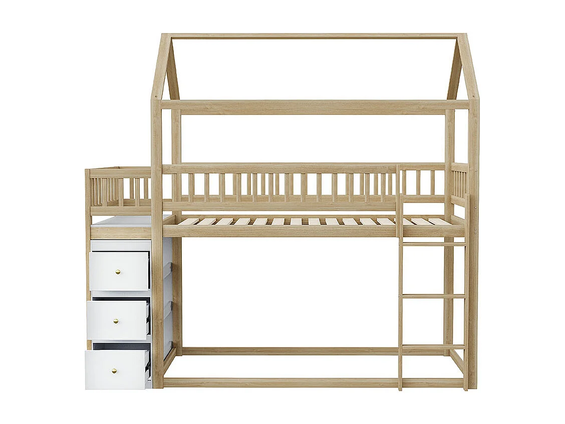 Litera infantil 90*200 cm, con taquillas y estantes, cama baja con escalera, color madera crudo