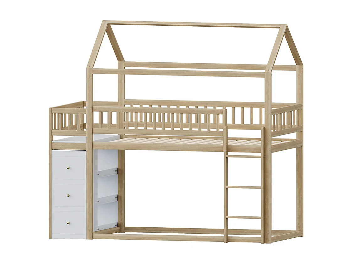 Litera infantil 90*200 cm, con taquillas y estantes, cama baja con escalera, color madera crudo
