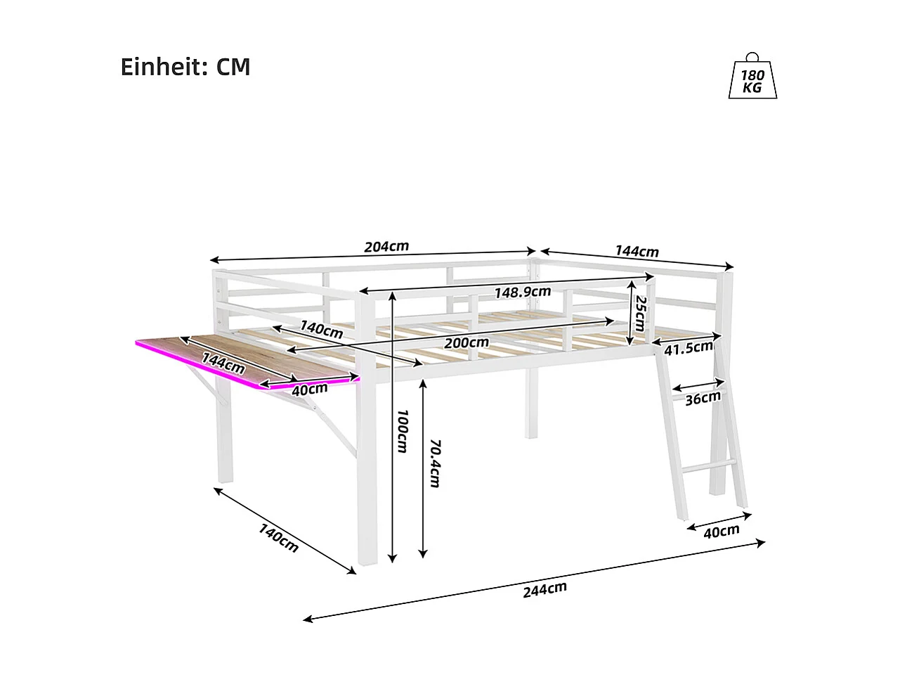 Metalen bed 140 x 200 cm, rails, ladder, bureau, LED-afstandsbediening, wit