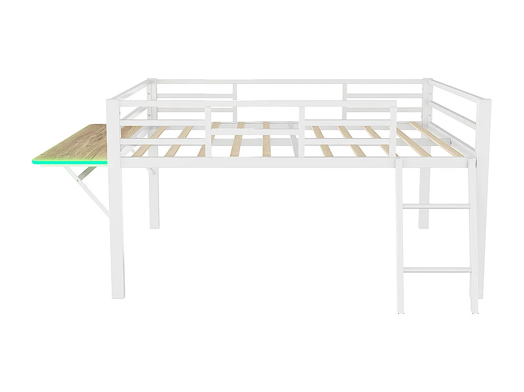 Metalen bed 140 x 200 cm, rails, ladder, bureau, LED-afstandsbediening, wit