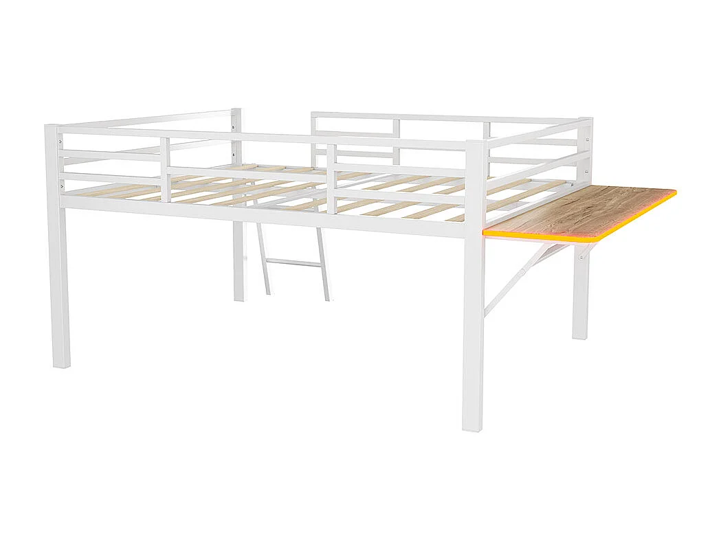 Metalen bed 140 x 200 cm, rails, ladder, bureau, LED-afstandsbediening, wit