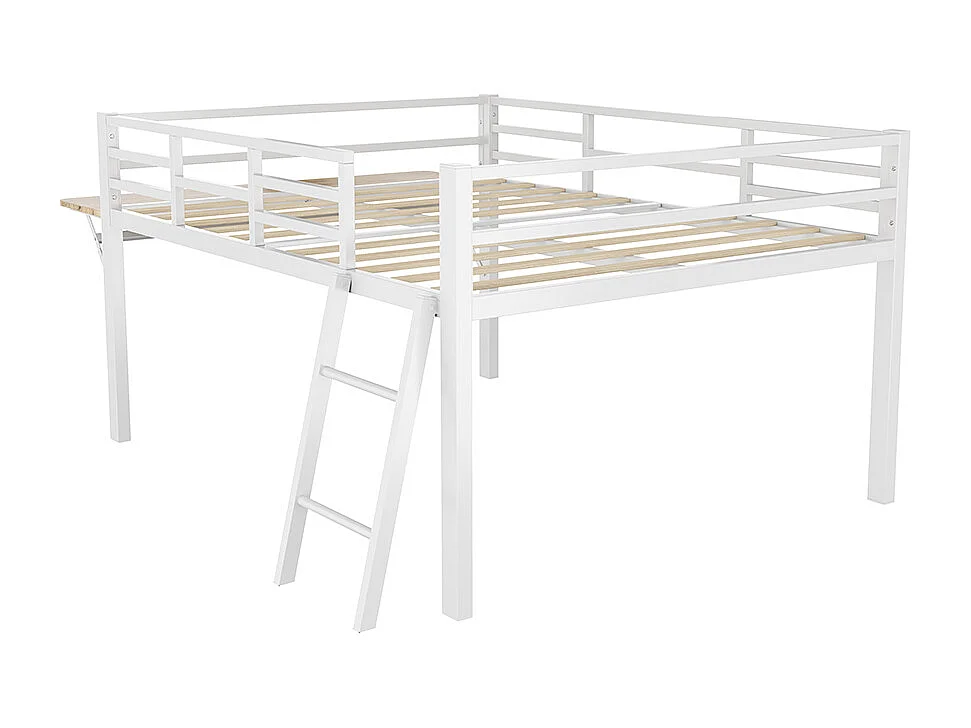 Metalen bed 140 x 200 cm, rails, ladder, bureau, LED-afstandsbediening, wit