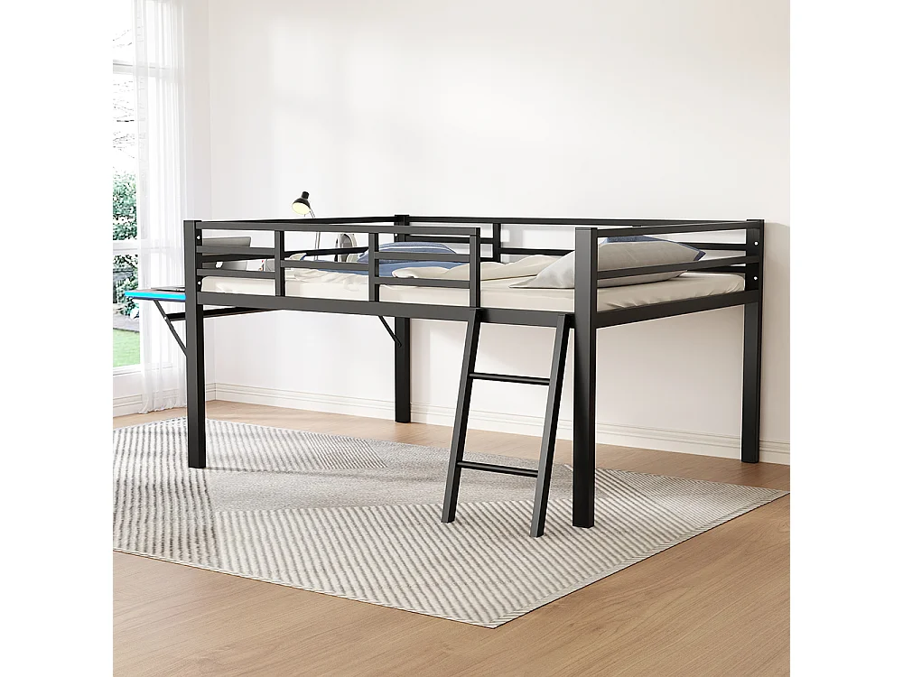 Lit plat en métal 140 x 200 cm, rails, échelle, bureau, bande LED déportée, noir