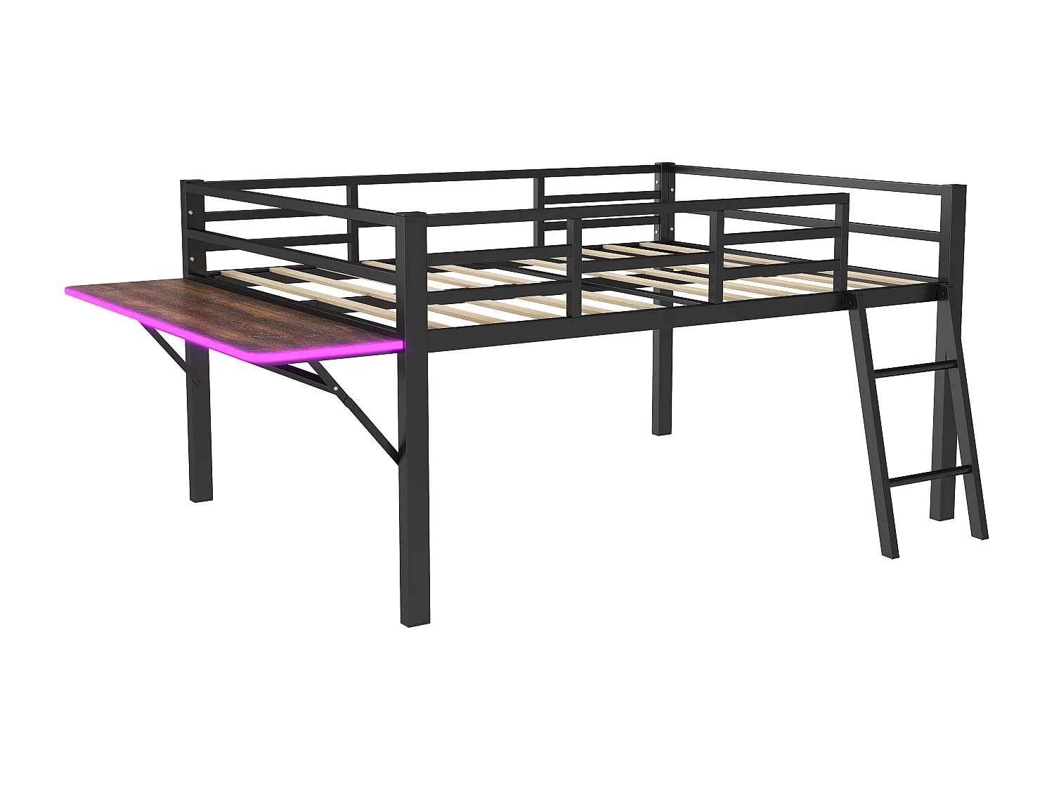 Lit plat en métal 140 x 200 cm, rails, échelle, bureau, bande LED déportée, noir