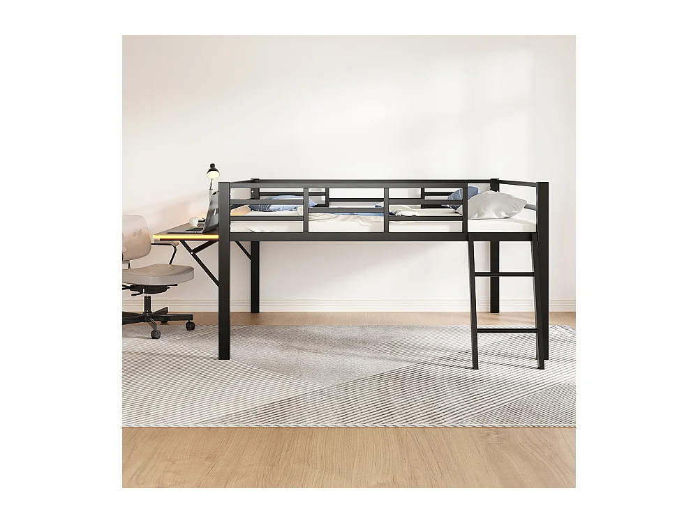 Lit plat en métal 140 x 200 cm, rails, échelle, bureau, bande LED déportée, noir