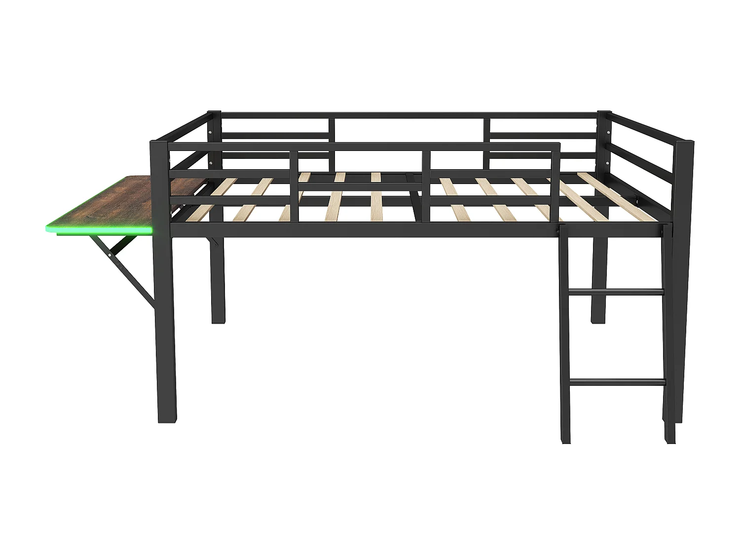 Lit plat en métal 140 x 200 cm, rails, échelle, bureau, bande LED déportée, noir