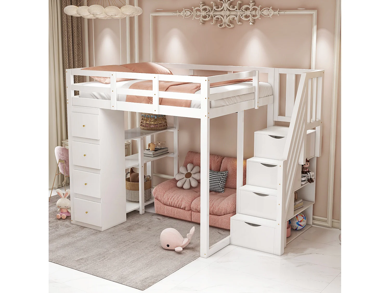 Lit en mezzanine 140*200 cm, commode avec étagères, échelle de sécurité avec tiroirs, blanc