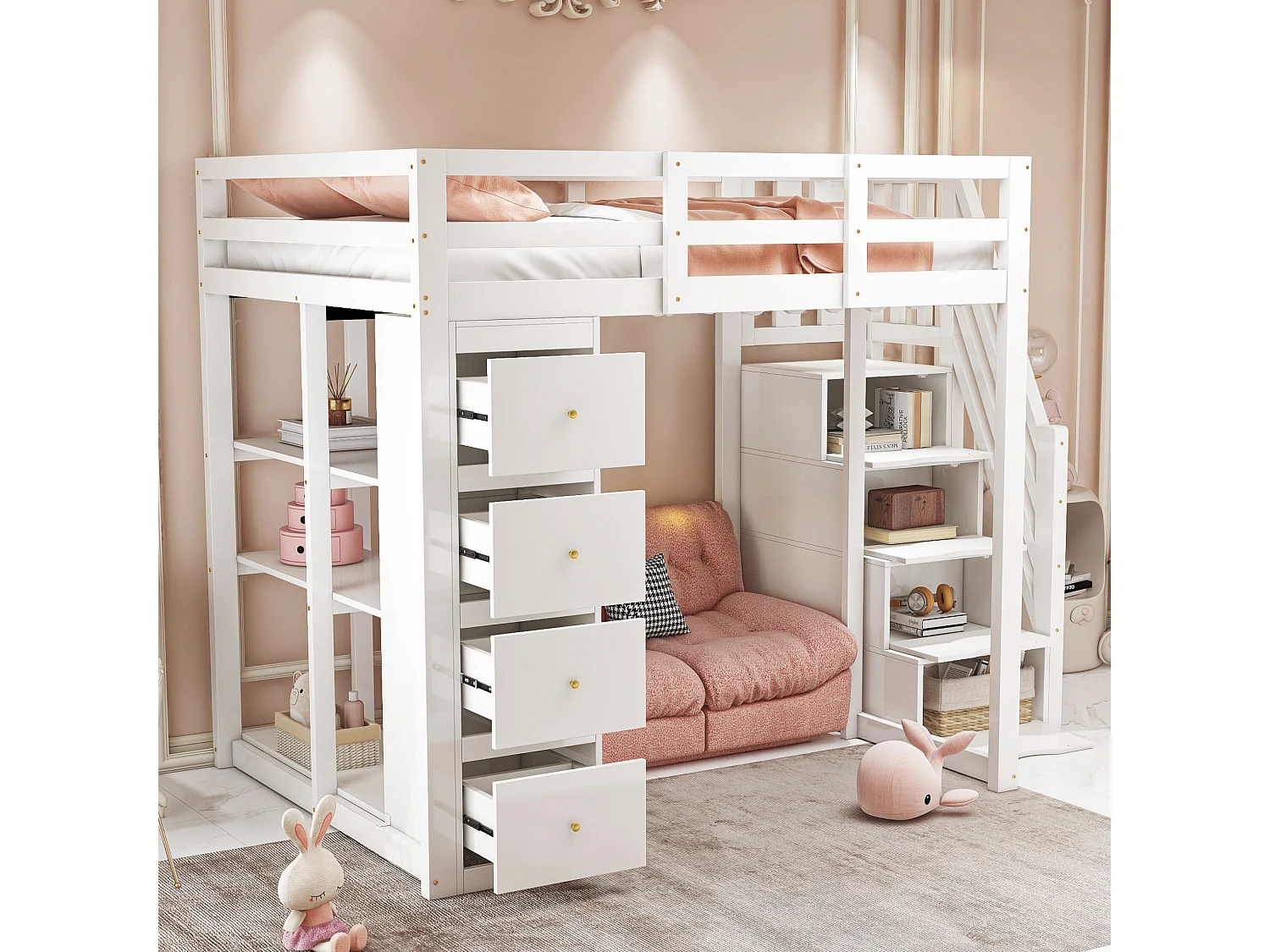 Lit en mezzanine 140*200 cm, commode avec étagères, échelle de sécurité avec tiroirs, blanc