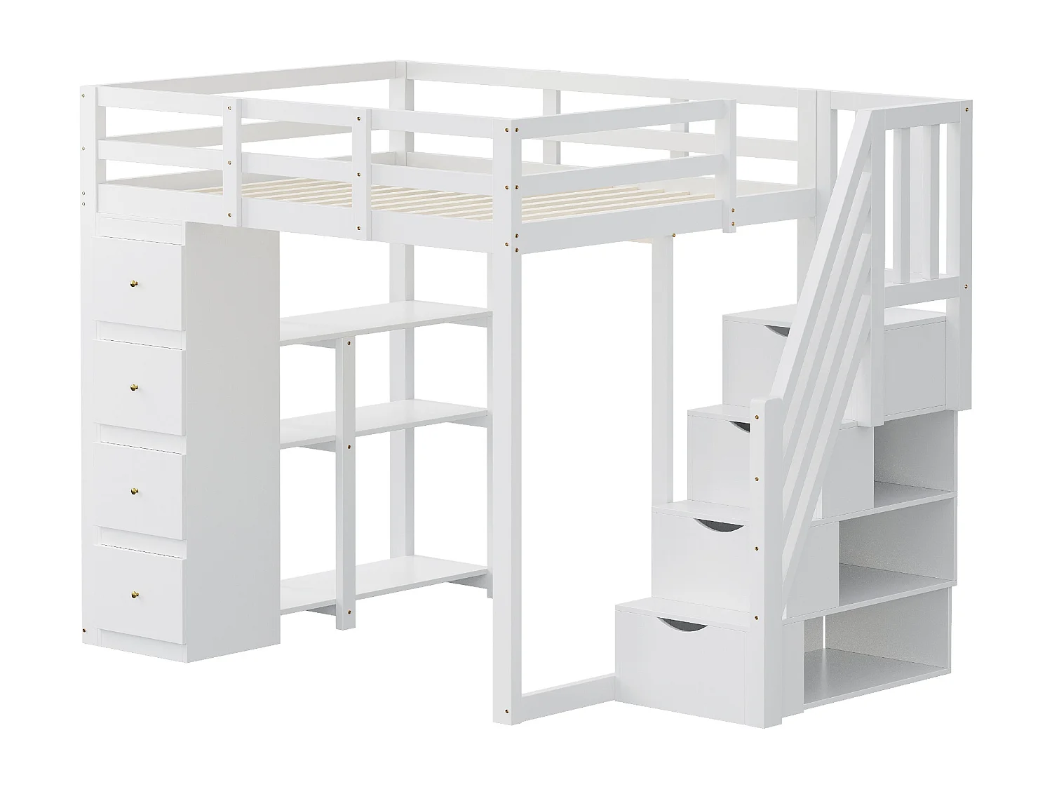 Lit en mezzanine 140*200 cm, commode avec étagères, échelle de sécurité avec tiroirs, blanc