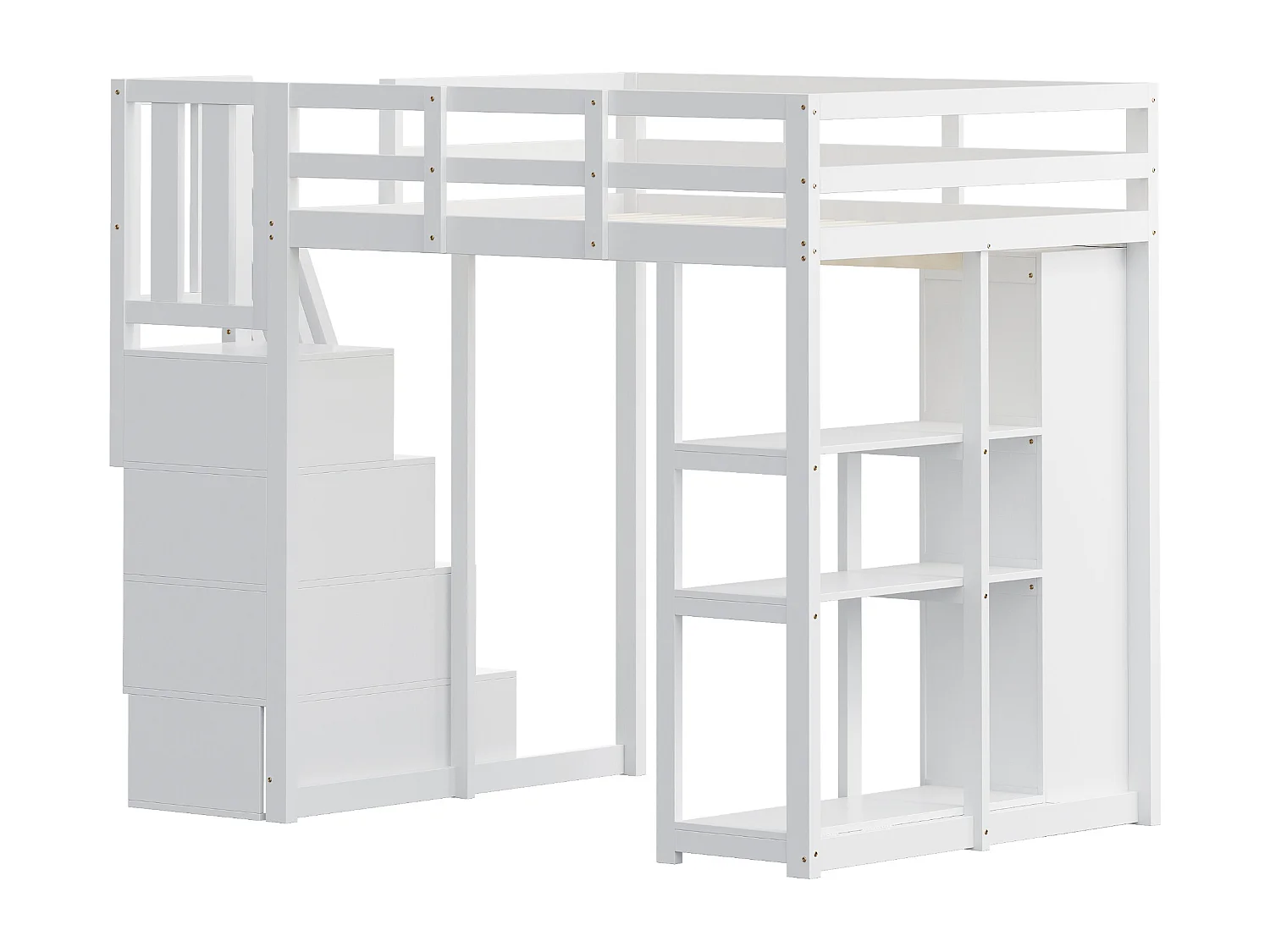 Lit en mezzanine 140*200 cm, commode avec étagères, échelle de sécurité avec tiroirs, blanc