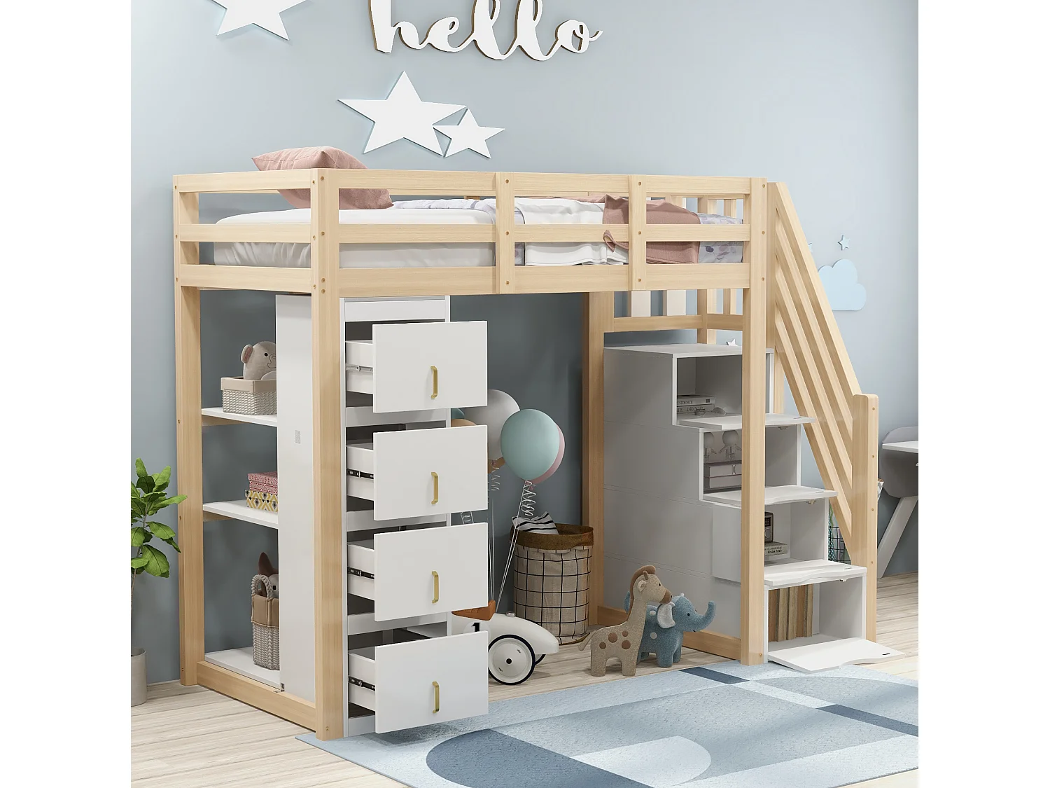 Cama alta 90*200 cm, cómoda con estantes, escalera de seguridad con cajones de almacenamiento, color madera original