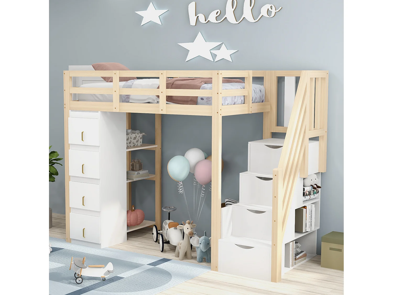 Cama alta 90*200 cm, cómoda con estantes, escalera de seguridad con cajones de almacenamiento, color madera original