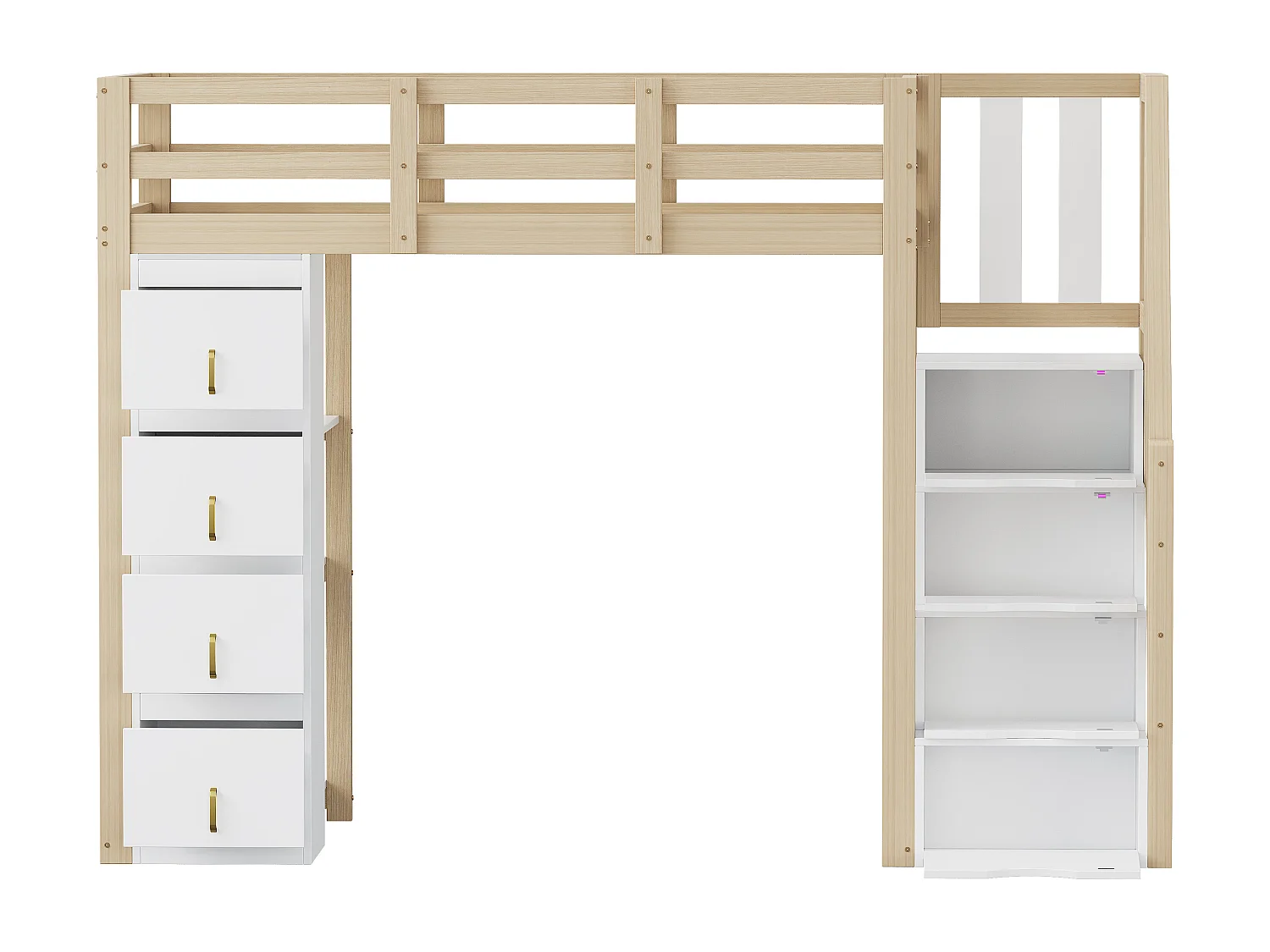 Cama alta 90*200 cm, cómoda con estantes, escalera de seguridad con cajones de almacenamiento, color madera original