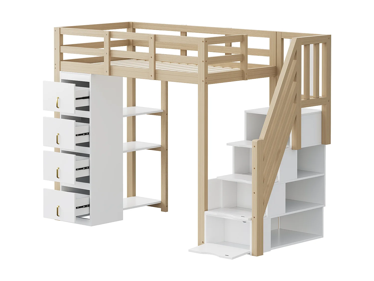 Cama alta 90*200 cm, cómoda con estantes, escalera de seguridad con cajones de almacenamiento, color madera original