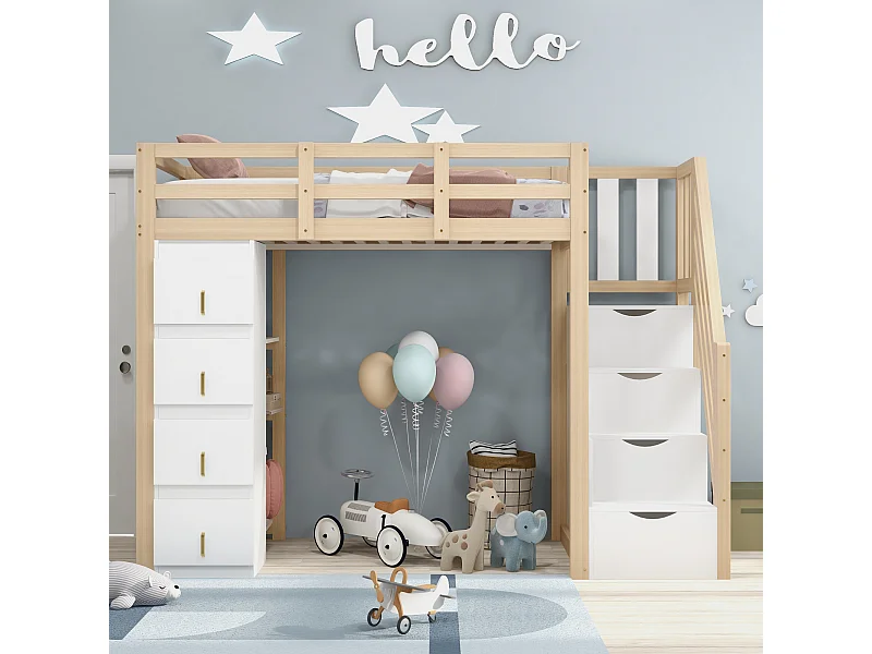 Letto a soppalco 90*200 cm, cassettiera con ripiani, scala di sicurezza con cassetti portaoggetti, colore legno originale