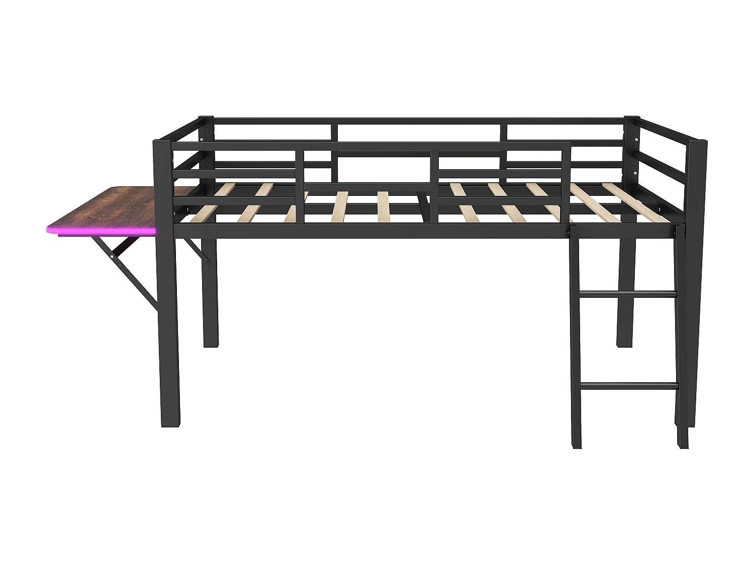 Lit plat en métal 90 x 200 cm, rails, échelle, bureau, télécommande Bande LED, noir