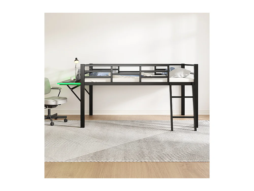 Lit plat en métal 90 x 200 cm, rails, échelle, bureau, télécommande Bande LED, noir