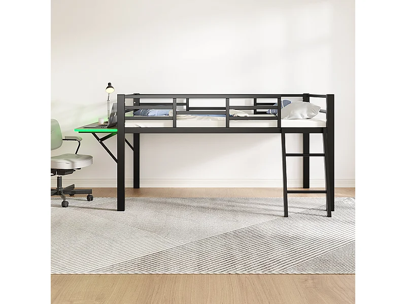 Lit plat en métal 90 x 200 cm, rails, échelle, bureau, télécommande Bande LED, noir