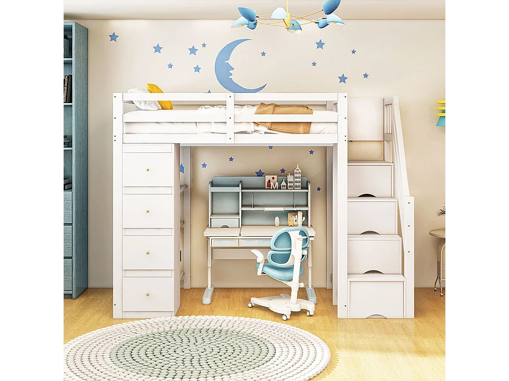 Lit mezzanine 90*200 cm, commode avec étagères, échelle de sécurité pour les tiroirs de rangement, blanc