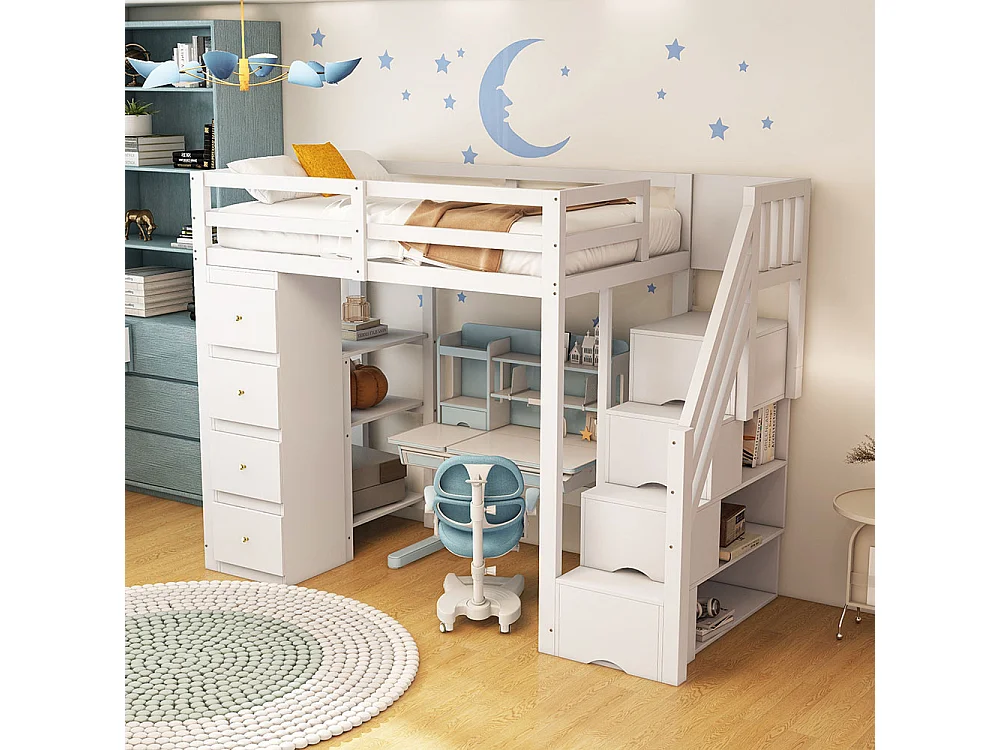 Lit mezzanine 90*200 cm, commode avec étagères, échelle de sécurité pour les tiroirs de rangement, blanc