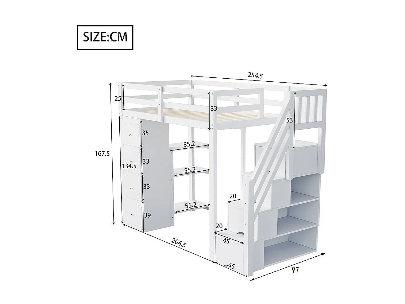 Lit mezzanine 90*200 cm, commode avec étagères, échelle de sécurité pour les tiroirs de rangement, blanc
